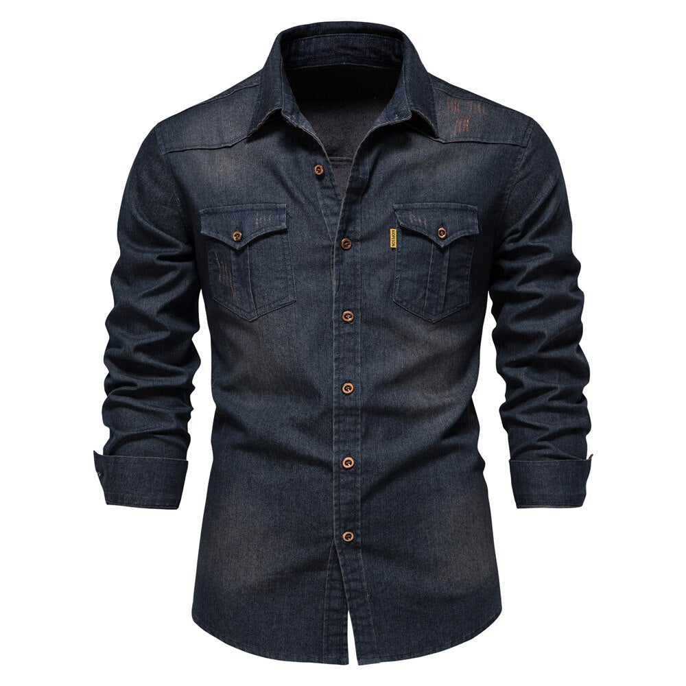Stretch denim overhemd voor heren – marineblauw